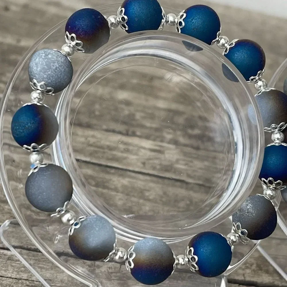 Druzy Peacock Aura Agate Crystal 10mm NEW blue purple white gold bracelet ONE st